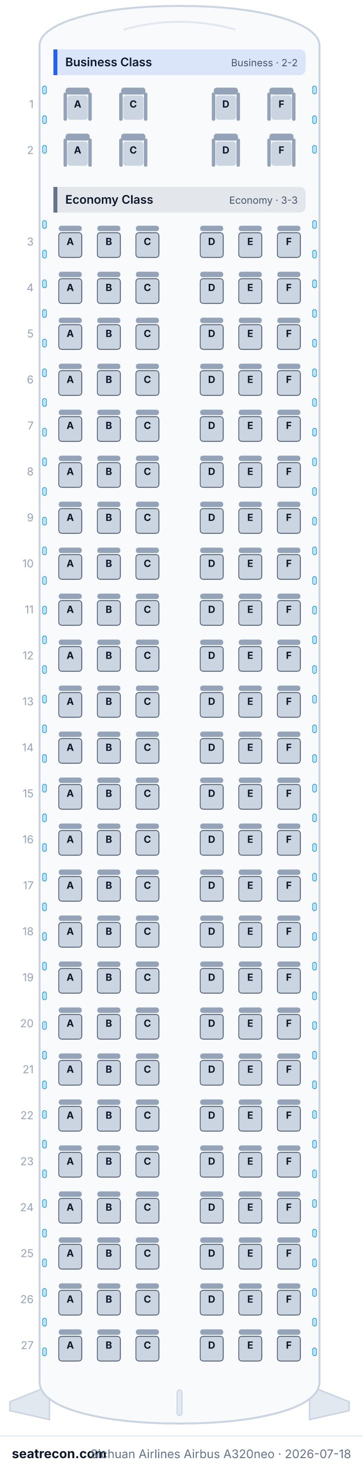 Sichuan Airlines Airbus A320neo seat map diagram — Business Class, Economy Class (158 seats)