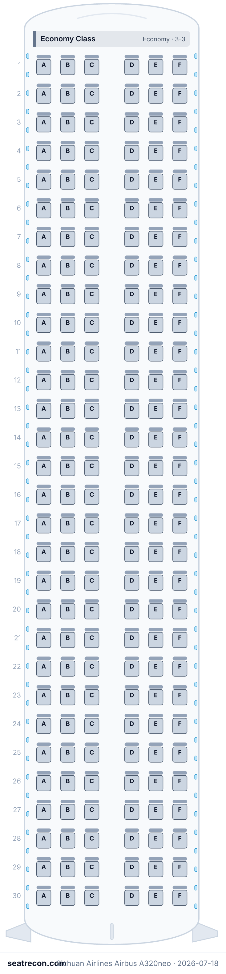 Sichuan Airlines Airbus A320neo seat map diagram — Economy Class (180 seats)