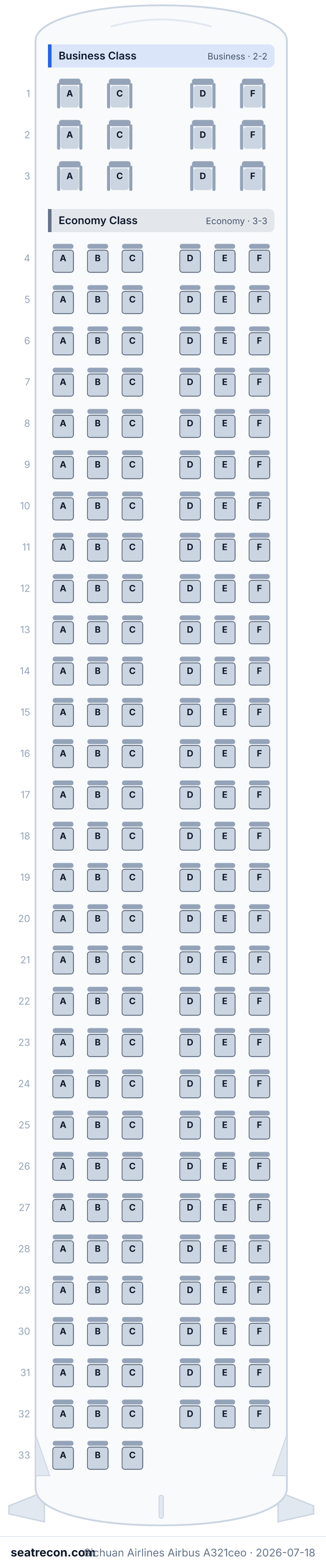 Sichuan Airlines Airbus A321ceo seat map diagram — Business Class, Economy Class (189 seats)