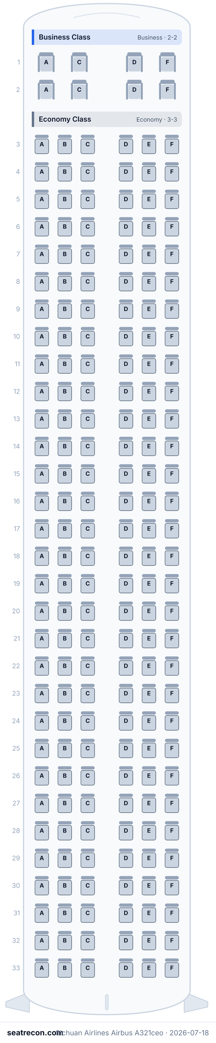 Sichuan Airlines Airbus A321ceo seat map diagram — Business Class, Economy Class (194 seats)