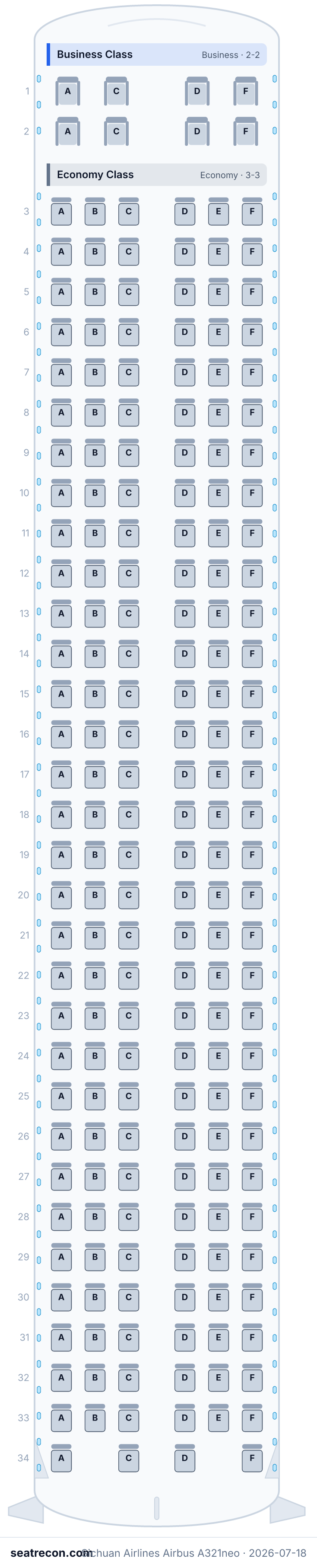 Sichuan Airlines Airbus A321neo seat map diagram — Business Class, Economy Class (198 seats)