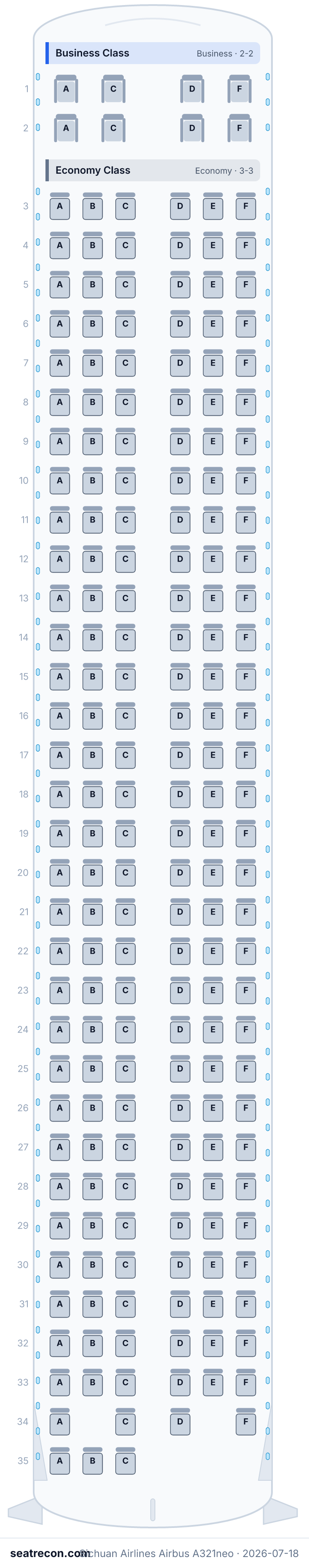 Sichuan Airlines Airbus A321neo seat map diagram — Business Class, Economy Class (201 seats)