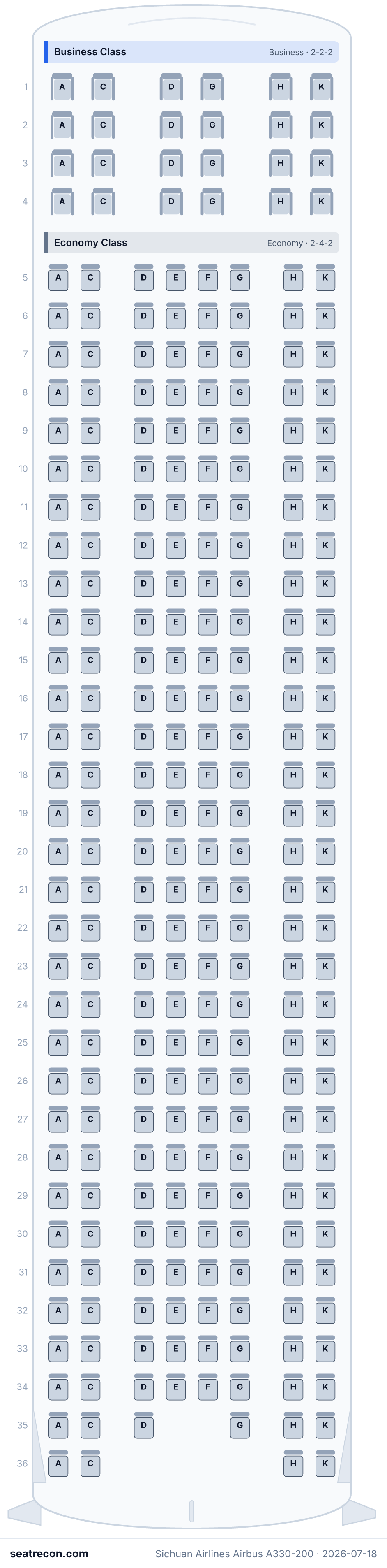 Sichuan Airlines Airbus A330-200 seat map diagram — Business Class, Economy Class (274 seats)