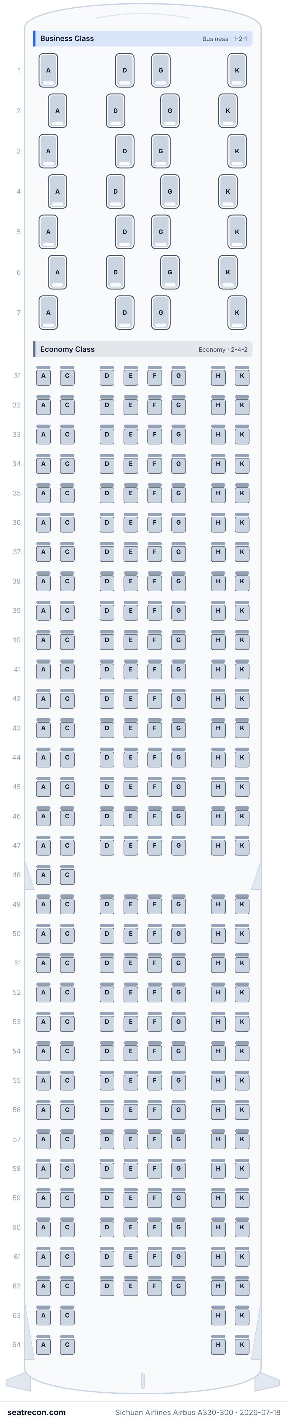 Sichuan Airlines Airbus A330-300 seat map diagram — Business Class, Economy Class (286 seats)