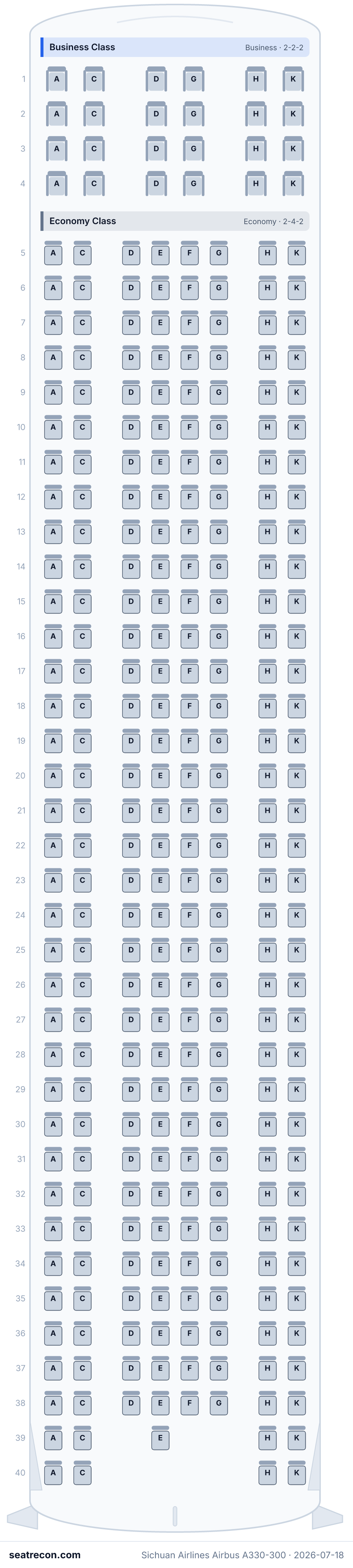 Sichuan Airlines Airbus A330-300 seat map diagram — Business Class, Economy Class (305 seats)