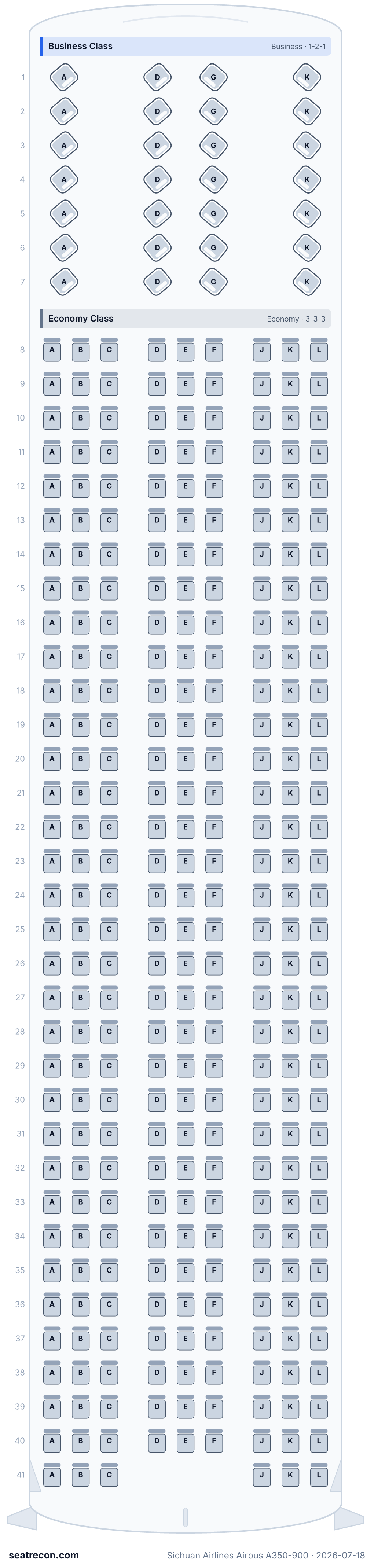 Sichuan Airlines Airbus A350-900 seat map diagram — Business Class, Economy Class (331 seats)