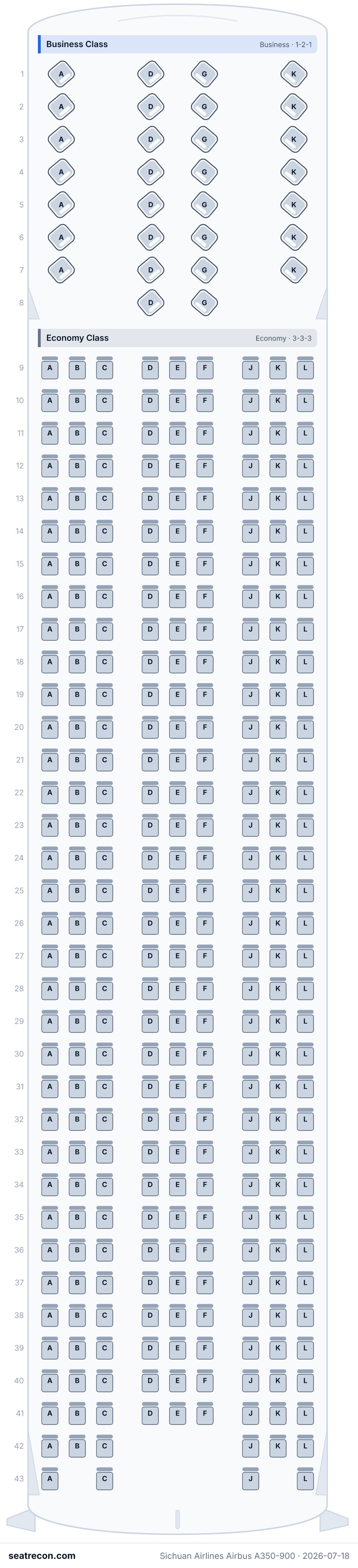 Sichuan Airlines Airbus A350-900 seat map diagram — Business Class, Economy Class (337 seats)