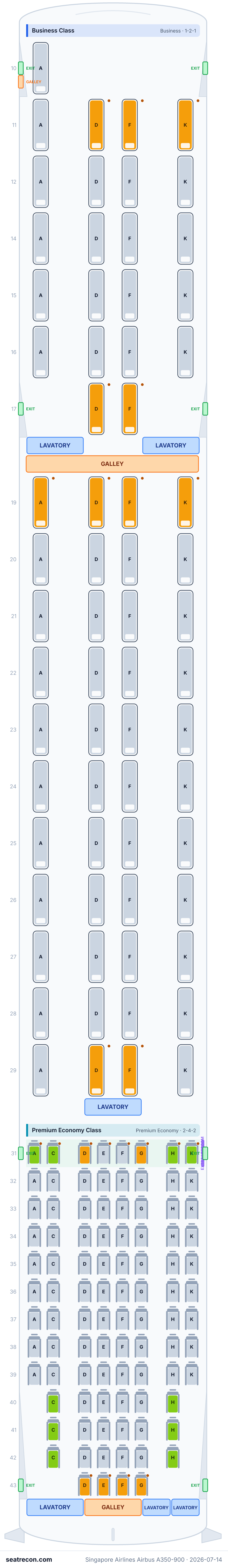 Singapore Airlines Airbus A350-900 seat map diagram — Business Class, Premium Economy Class (161 seats)