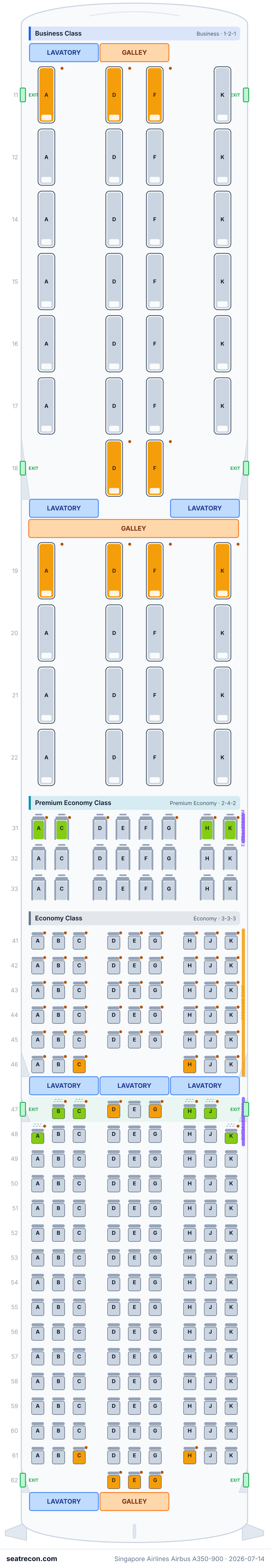 Singapore Airlines Airbus A350-900 seat map diagram — Business Class, Premium Economy Class, Economy Class (253 seats)