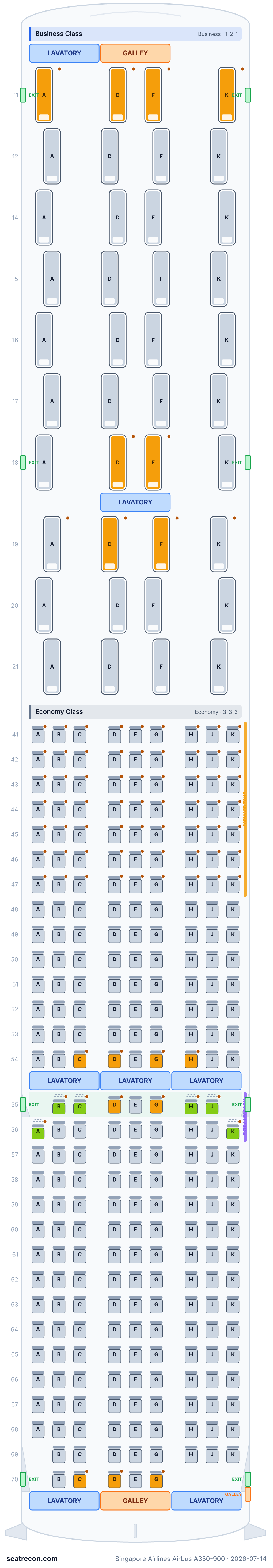 Singapore Airlines Airbus A350-900 seat map diagram — Business Class, Economy Class (303 seats)