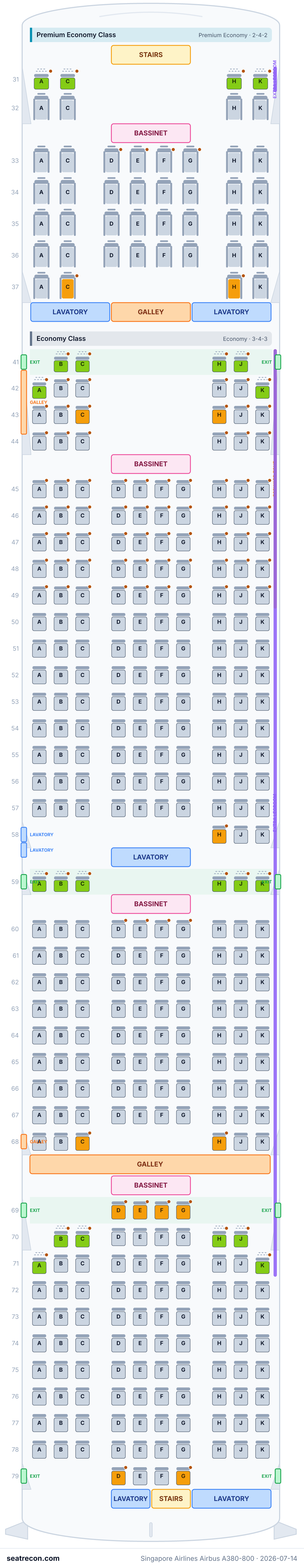 Singapore Airlines Airbus A380-800 seat map diagram — Premium Economy Class, Economy Class, Suites, Business Class (471 seats)