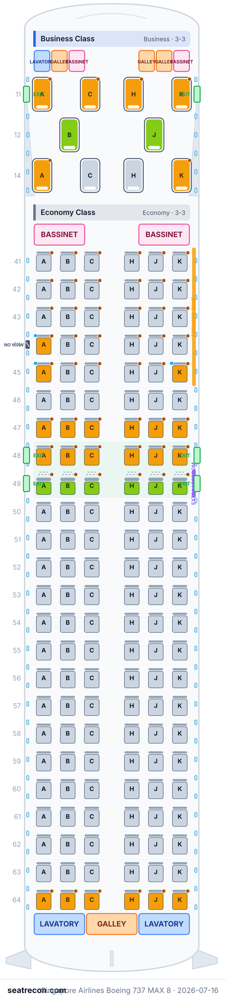 Singapore Airlines Boeing 737 MAX 8 seat map diagram — Business Class, Economy Class (154 seats)