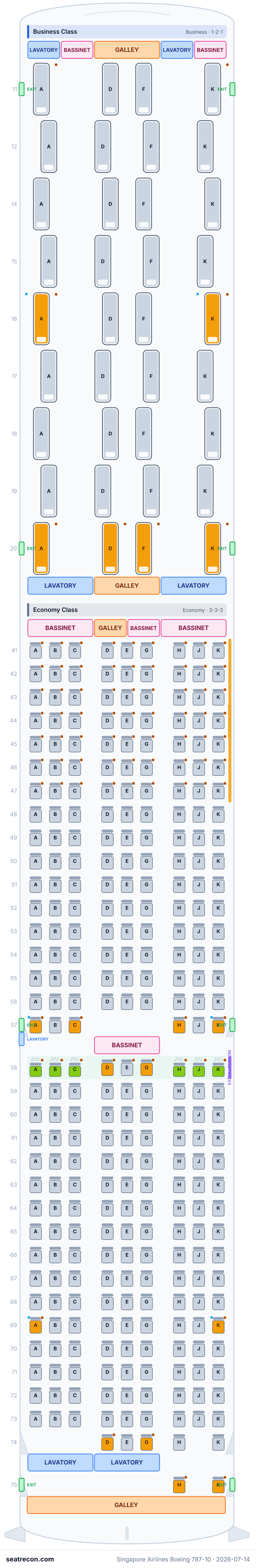 Singapore Airlines Boeing 787-10 seat map diagram — Business Class, Economy Class (337 seats)