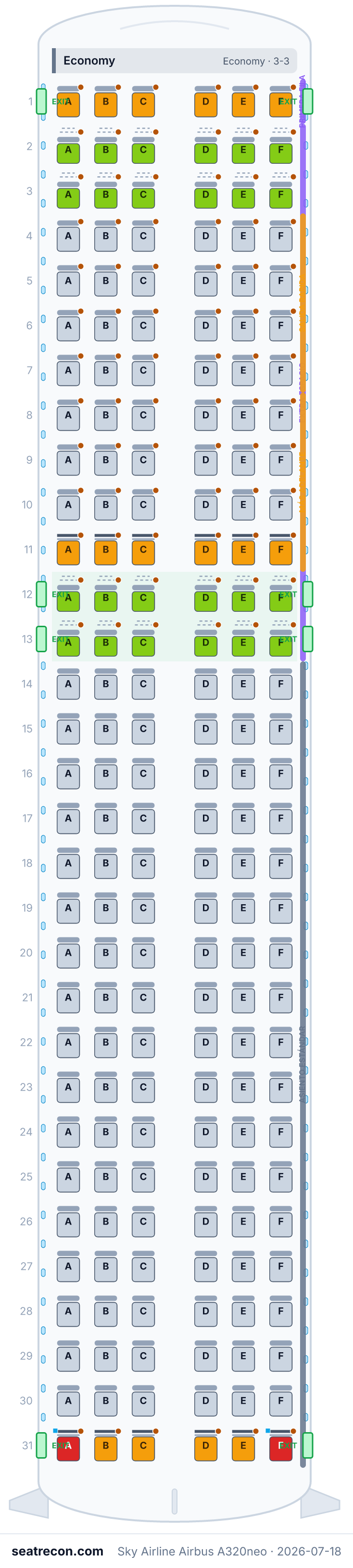 Sky Airline Airbus A320neo seat map diagram — Economy (186 seats)