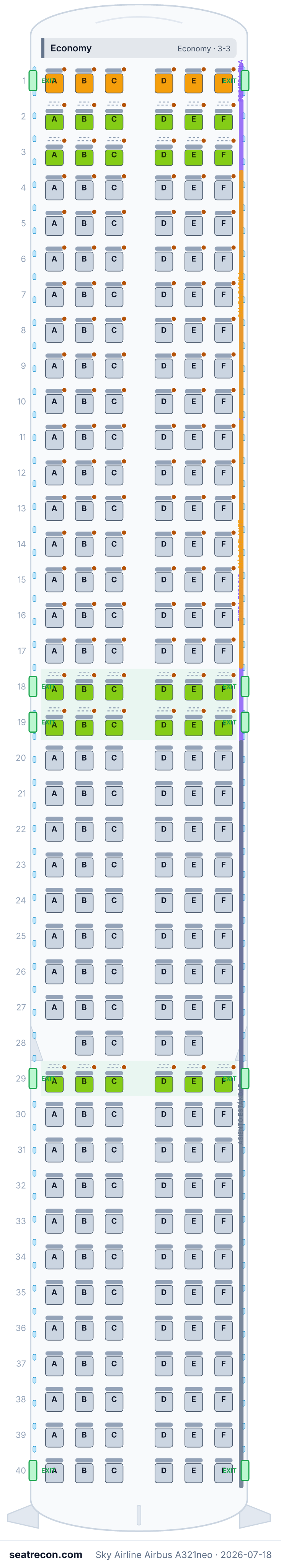 Sky Airline Airbus A321neo seat map diagram — Economy (238 seats)