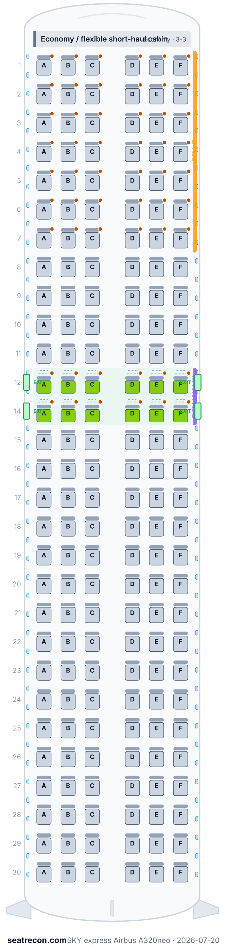Mapa de asientos del Airbus A320neo de SKY express (12N/162Y)