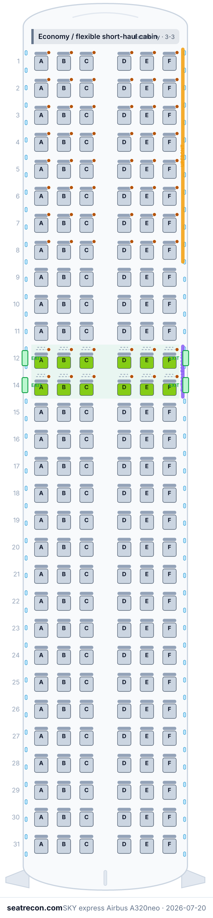 SKY express Airbus A320neo seat map (12N/168Y)