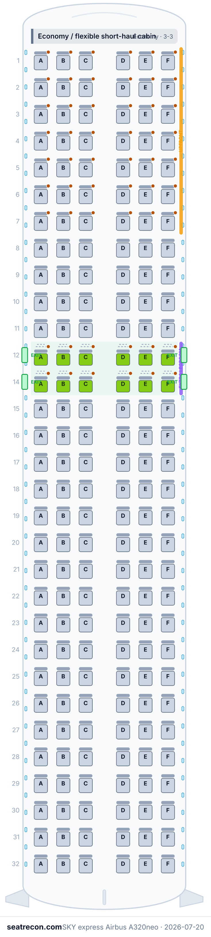 SKY express Airbus A320neo seat map (12N/174Y)