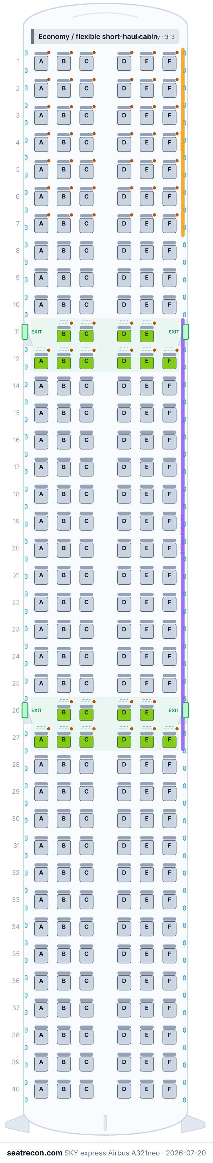 SKY express Airbus A321neo seat map (20N/210Y)
