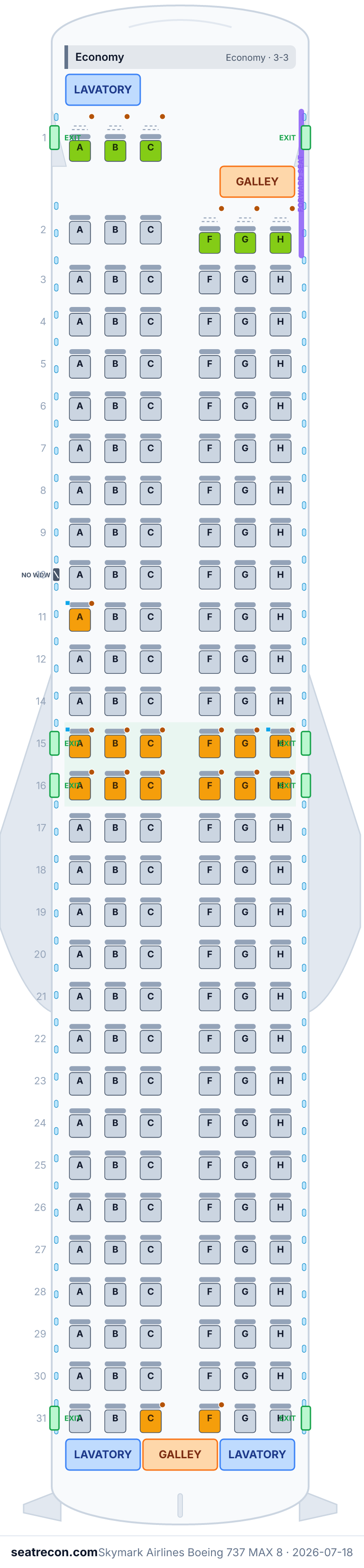 Skymark Airlines Boeing 737 MAX 8 seat map diagram — Economy (177 seats)