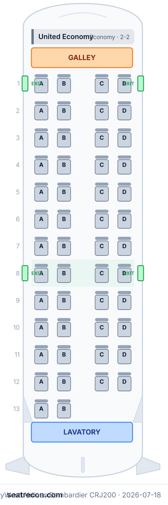 SkyWest Airlines Bombardier CRJ200 seat map diagram — United Economy (50 seats)
