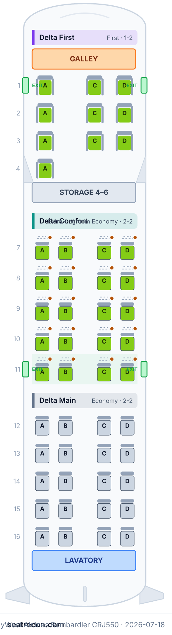SkyWest Airlines Bombardier CRJ550 seat map diagram — Delta First, Delta Comfort, Delta Main (50 seats)