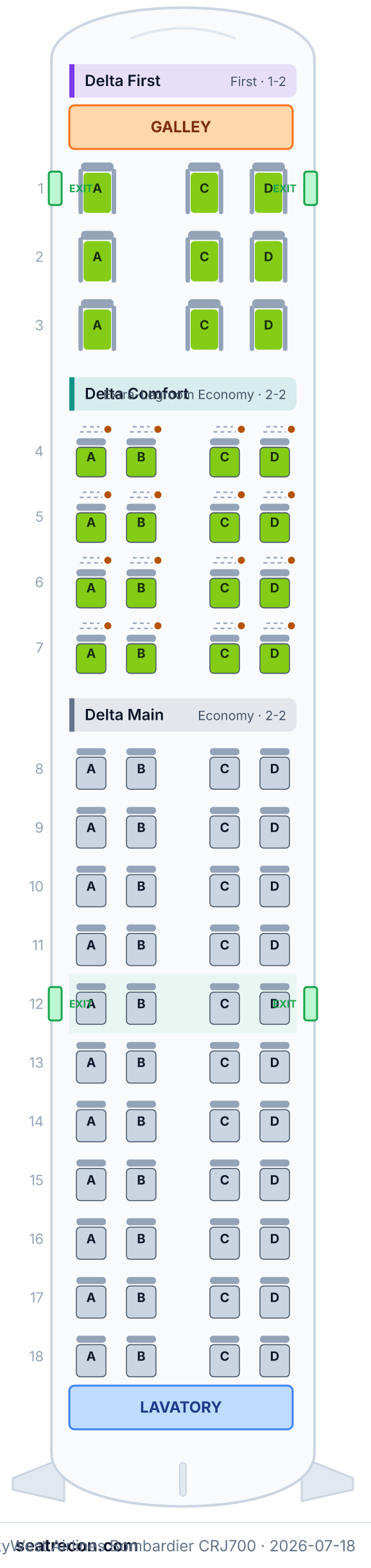 SkyWest Airlines Bombardier CRJ700 seat map diagram — Delta First, Delta Comfort, Delta Main (69 seats)