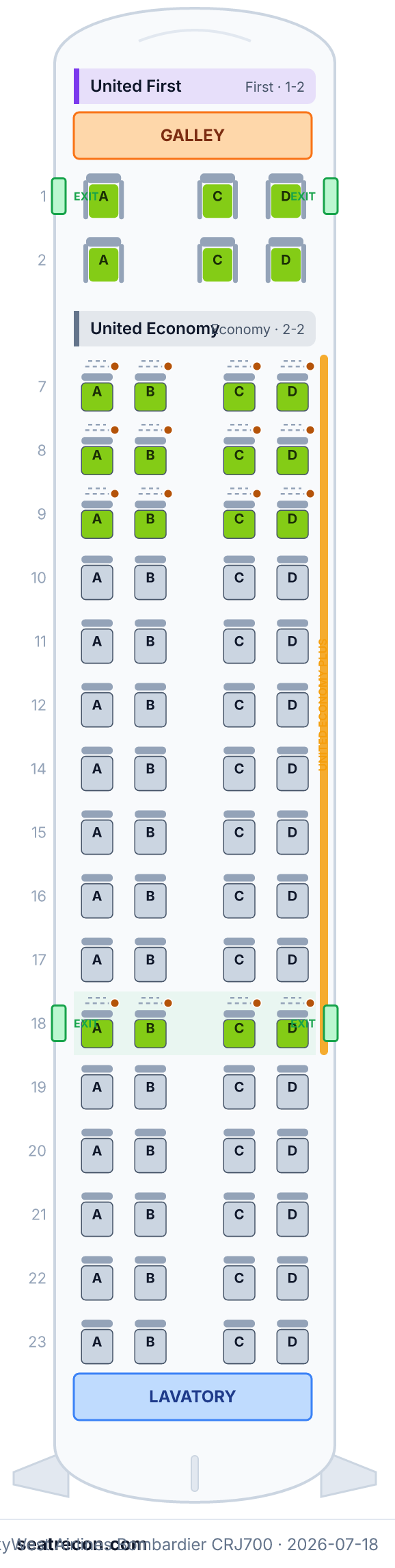SkyWest Airlines Bombardier CRJ700 seat map diagram — United First, United Economy (70 seats)