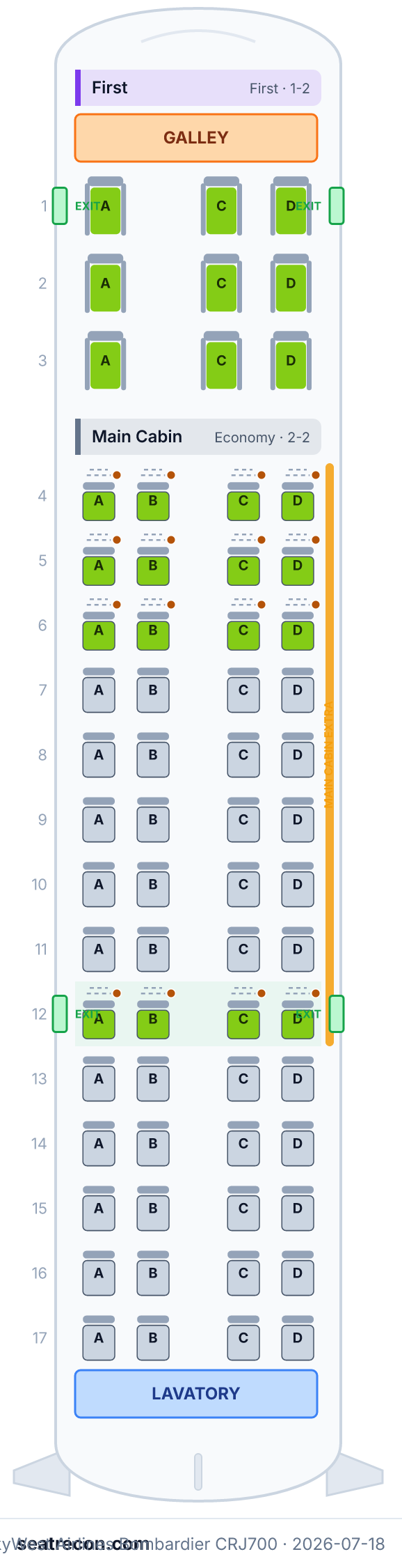 SkyWest Airlines Bombardier CRJ700 seat map diagram — First, Main Cabin (65 seats)