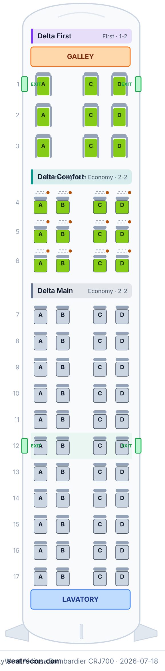 SkyWest Airlines Bombardier CRJ700 seat map diagram — Delta First, Delta Comfort, Delta Main (65 seats)