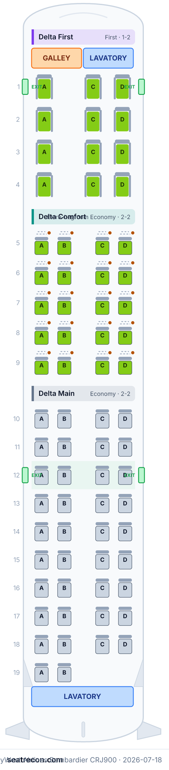 SkyWest Airlines Bombardier CRJ900 seat map diagram — Delta First, Delta Comfort, Delta Main (70 seats)
