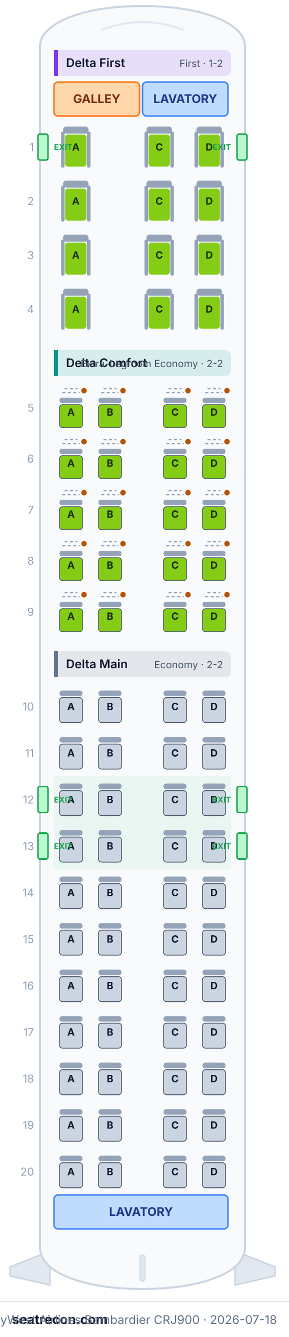 SkyWest Airlines Bombardier CRJ900 seat map diagram — Delta First, Delta Comfort, Delta Main (76 seats)