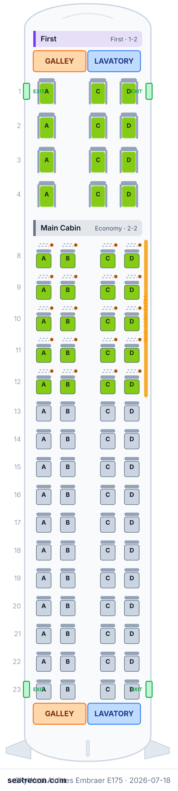 SkyWest Airlines Embraer E175 seat map diagram — First, Main Cabin (76 seats)