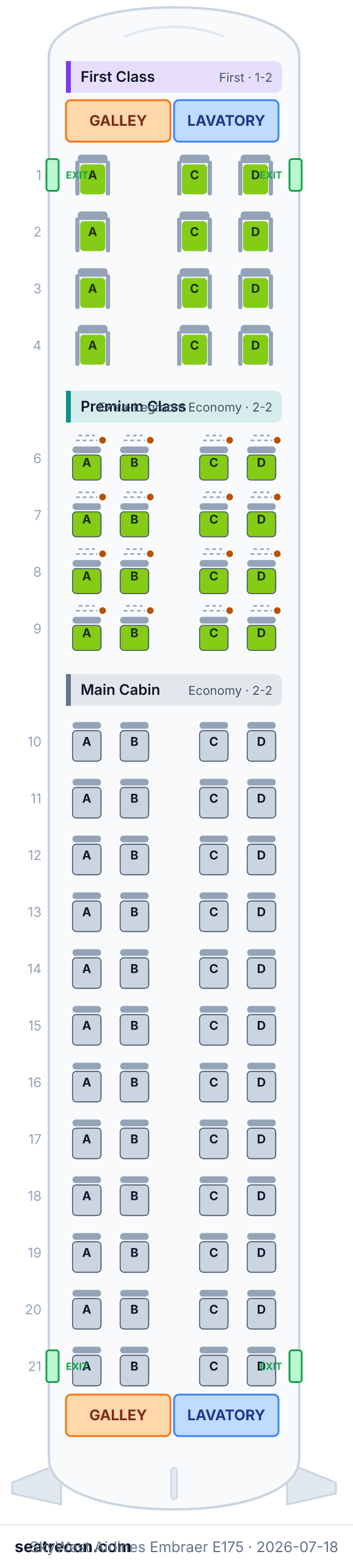 SkyWest Airlines Embraer E175 seat map diagram — First Class, Premium Class, Main Cabin (76 seats)