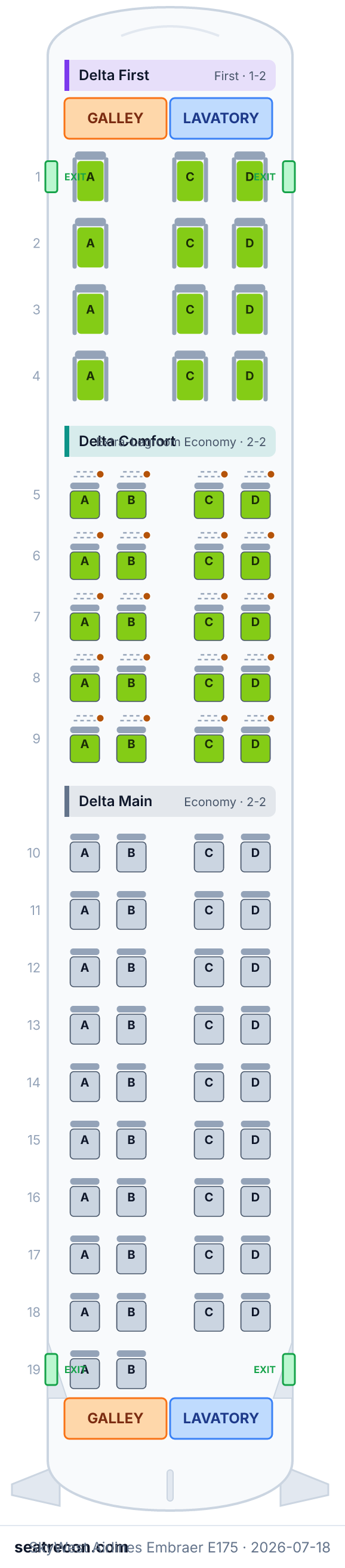 SkyWest Airlines Embraer E175 seat map diagram — Delta First, Delta Comfort, Delta Main (70 seats)