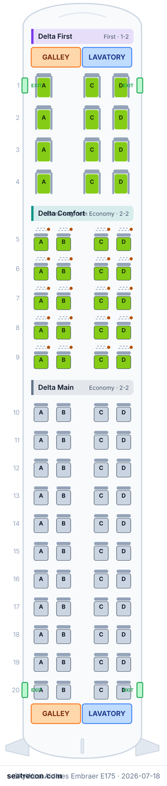 SkyWest Airlines Embraer E175 seat map diagram — Delta First, Delta Comfort, Delta Main (76 seats)