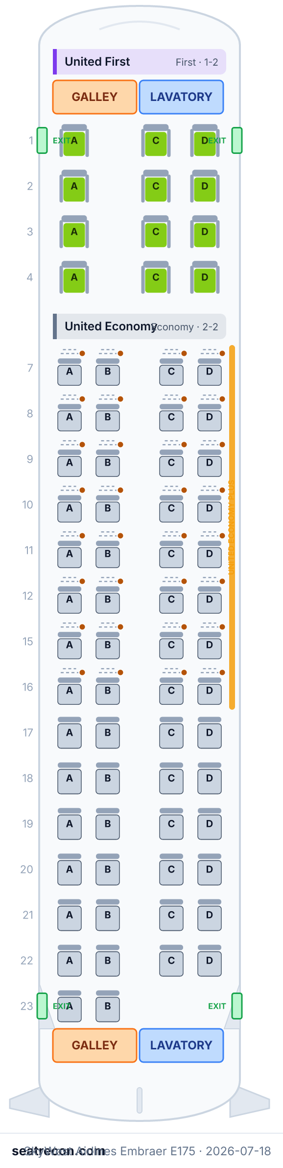 SkyWest Airlines Embraer E175 seat map diagram — United First, United Economy (70 seats)