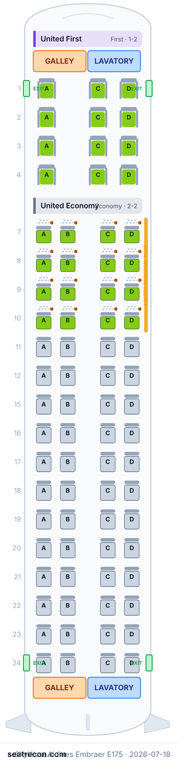 SkyWest Airlines Embraer E175 seat map diagram — United First, United Economy (76 seats)