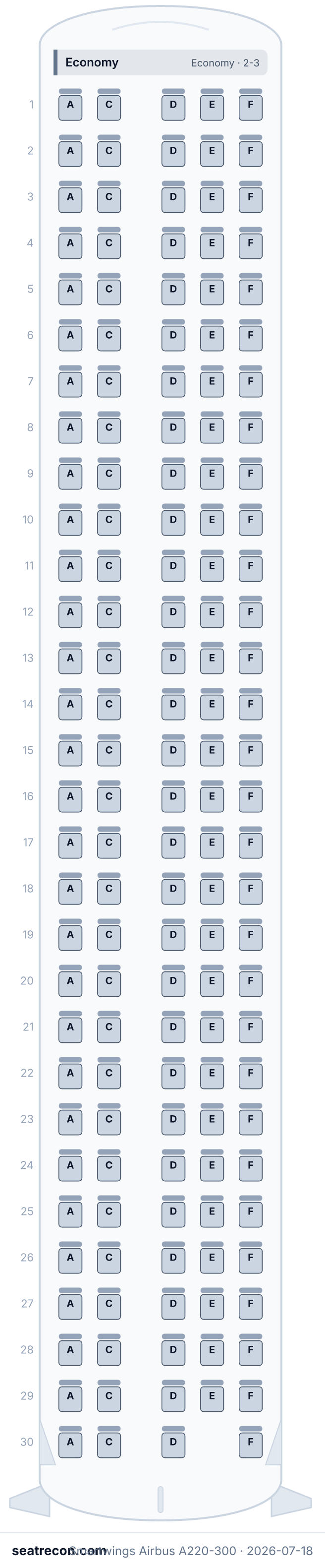 Smartwings Airbus A220-300 seat map diagram — Economy (149 seats)