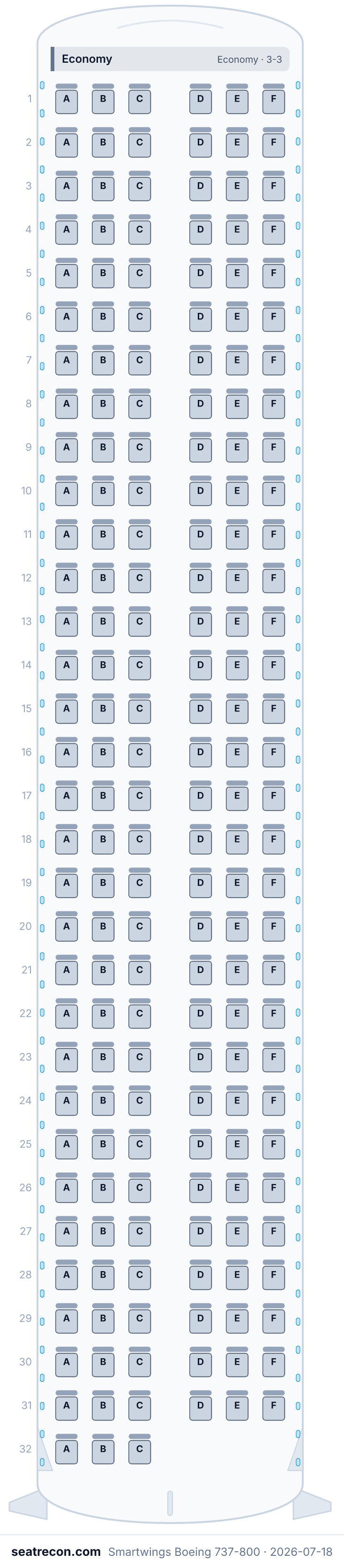 Smartwings Boeing 737-800 seat map diagram — Economy (189 seats)