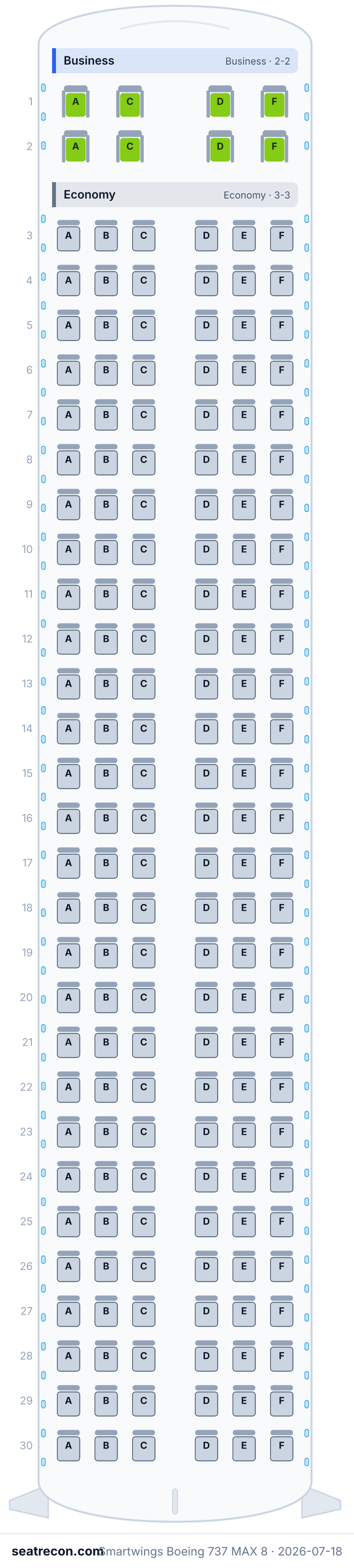 Smartwings Boeing 737 MAX 8 seat map diagram — Business, Economy (176 seats)