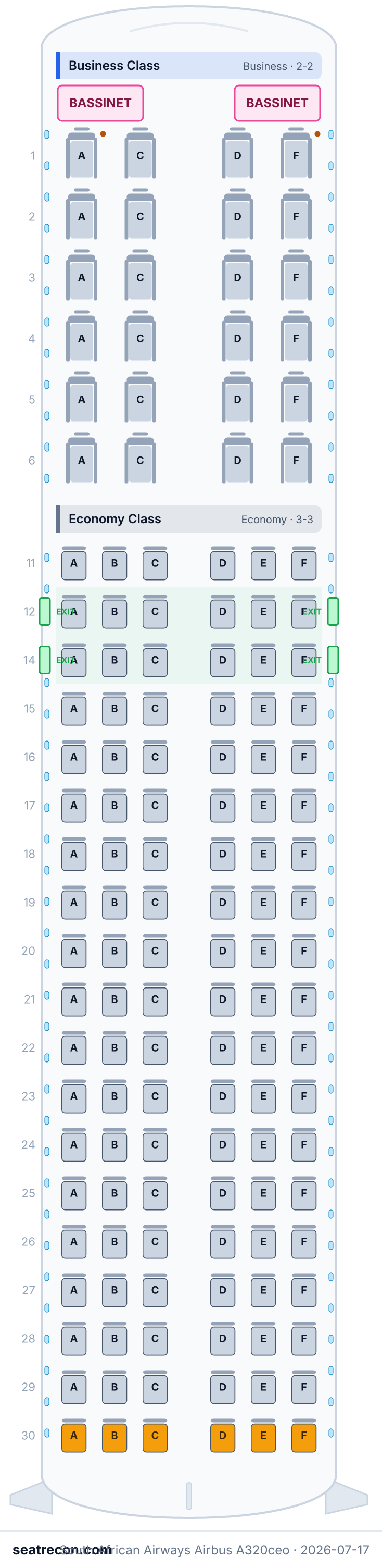 South African Airways Airbus A320ceo seat map diagram — Business Class, Economy Class (138 seats)