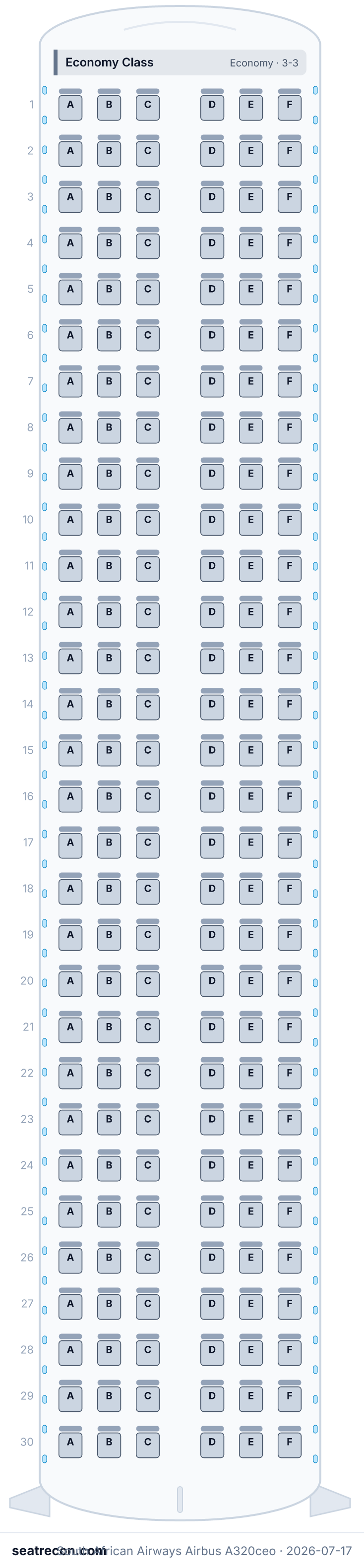 South African Airways Airbus A320ceo seat map diagram — Economy Class (180 seats)