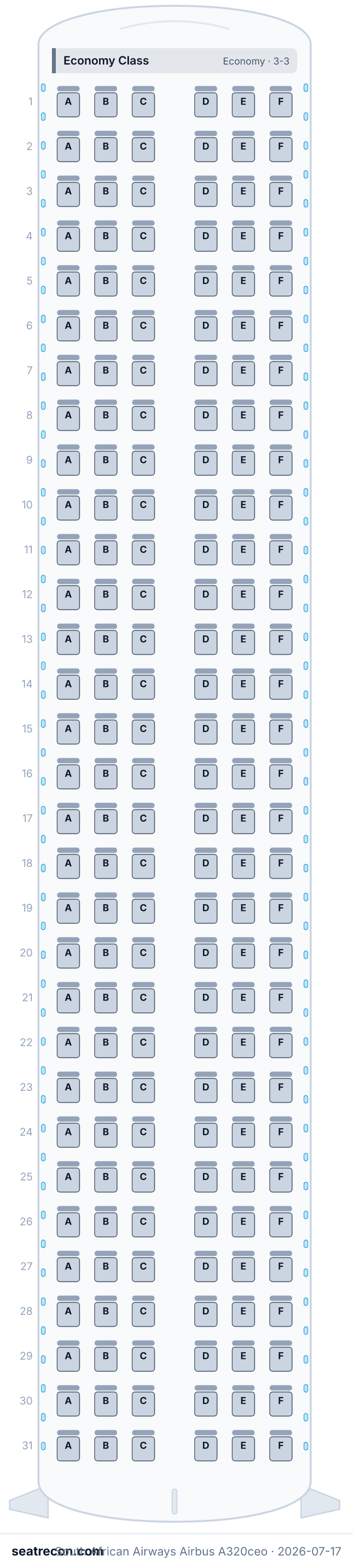 South African Airways Airbus A320ceo seat map diagram — Economy Class (186 seats)