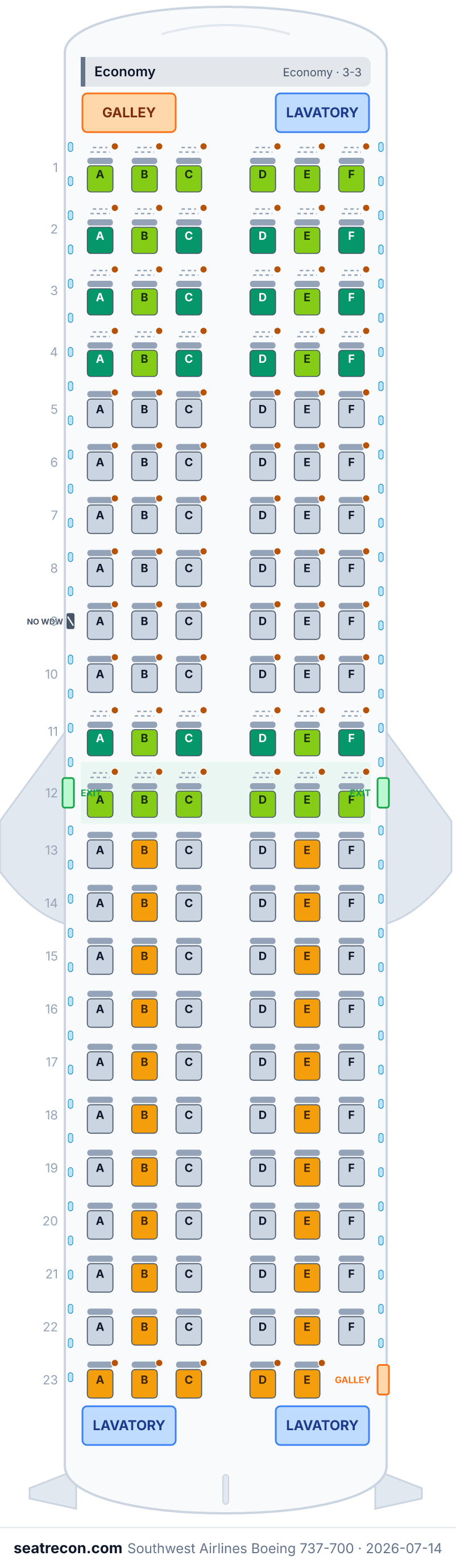 Southwest Airlines Boeing 737-700 seat map diagram — Economy (137 seats)