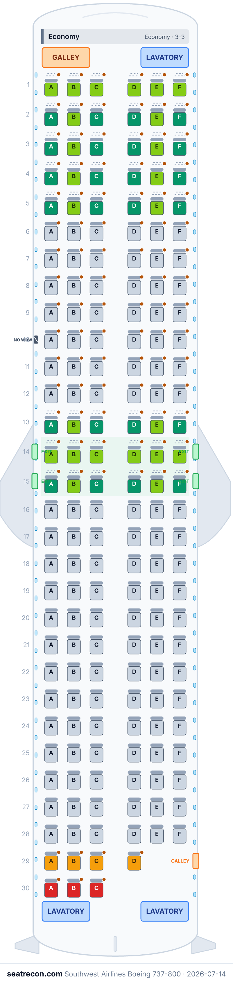 Southwest Airlines Boeing 737-800 seat map diagram — Economy (175 seats)