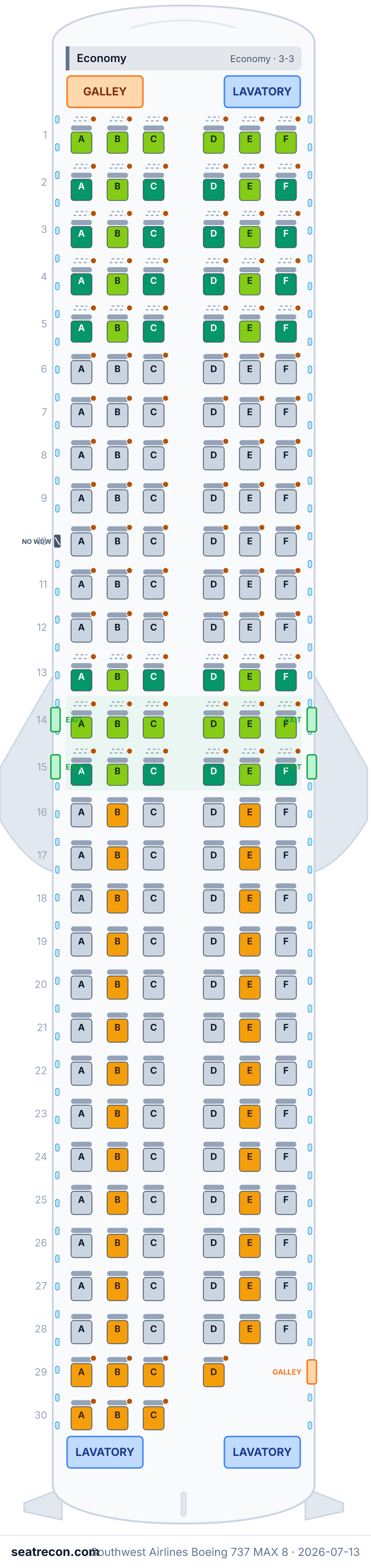 Southwest Airlines Boeing 737 MAX 8 seat map diagram — Economy (175 seats)