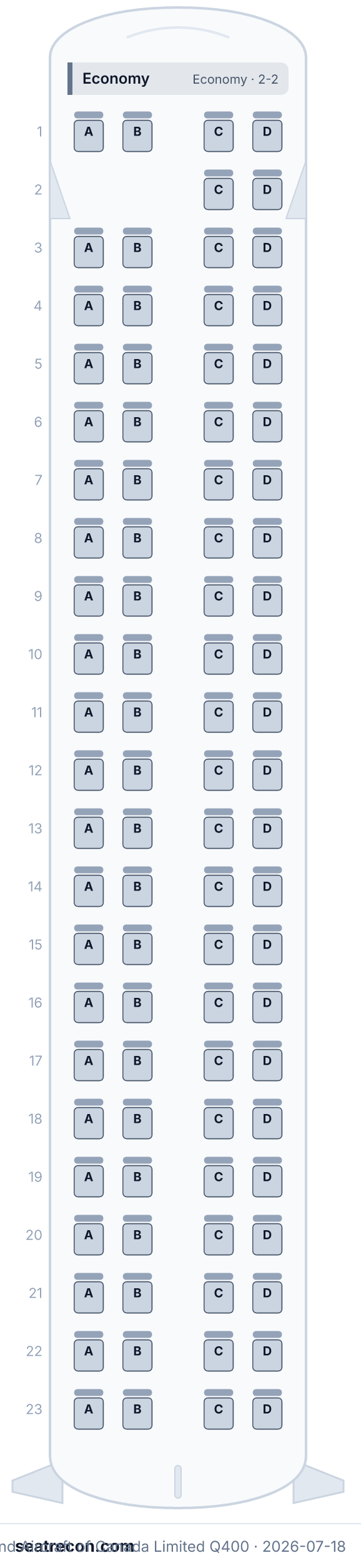 SpiceJet De Havilland Aircraft of Canada Limited Q400 seat map diagram — Economy (90 seats)