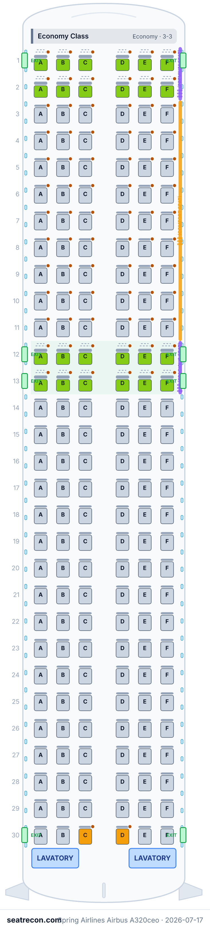 Spring Airlines Airbus A320ceo seat map diagram — Economy Class (180 seats)