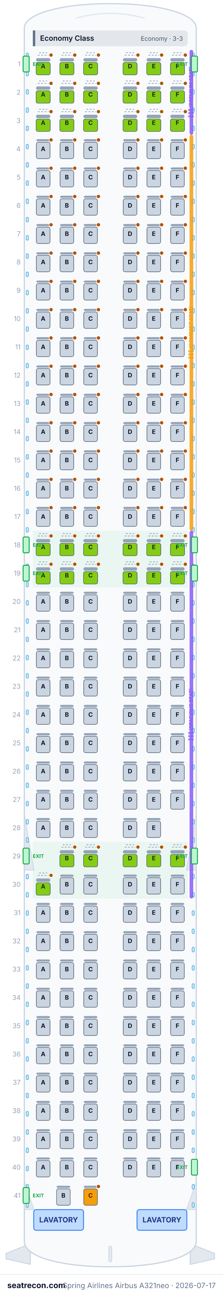 Spring Airlines Airbus A321neo seat map diagram — Economy Class (240 seats)